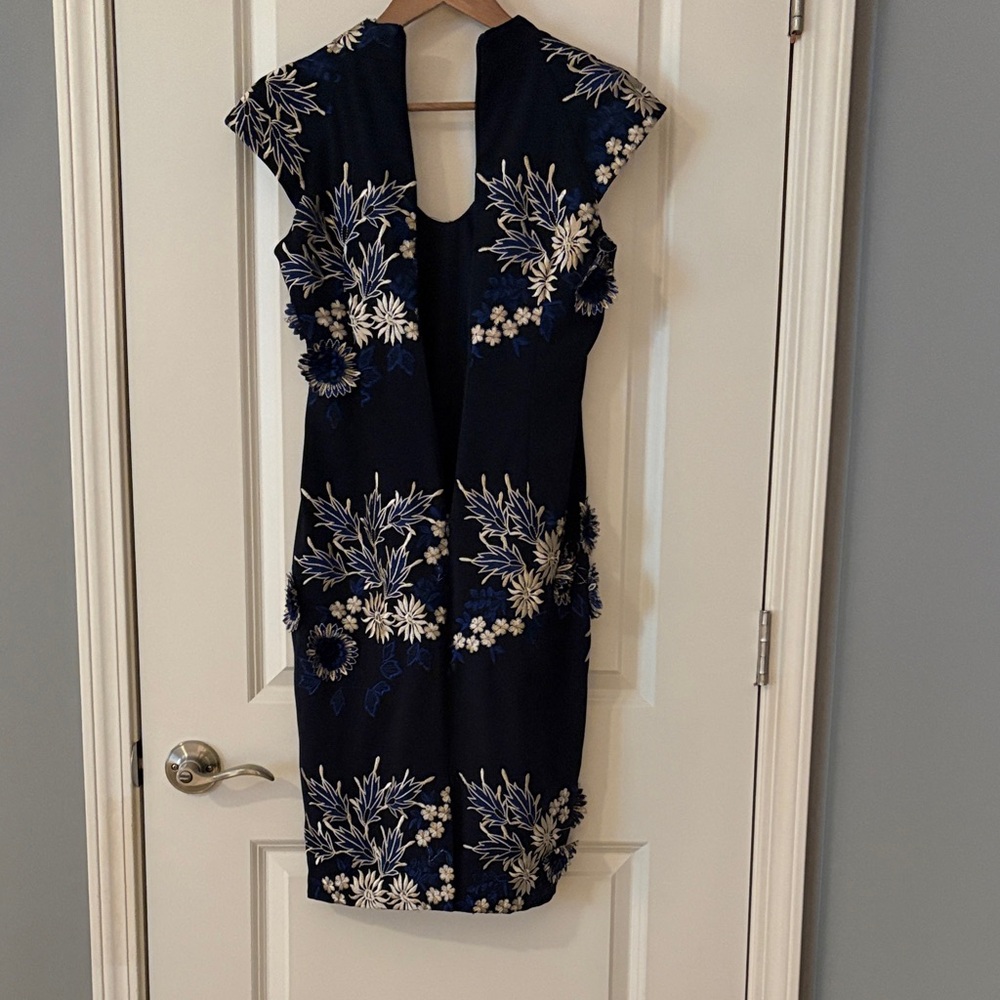 Badgley Mischka Navy Midi Dress with White & Blue Embroidered Floral Print - Picture 14 of 16